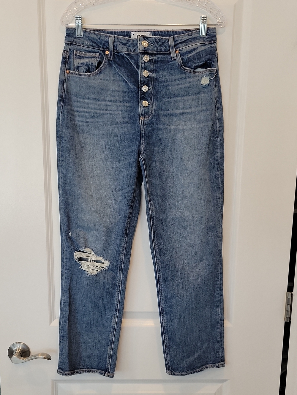 PAIGE Sarah Straight Ankle Button Fly Distressed Jeans 30W Medium Wash